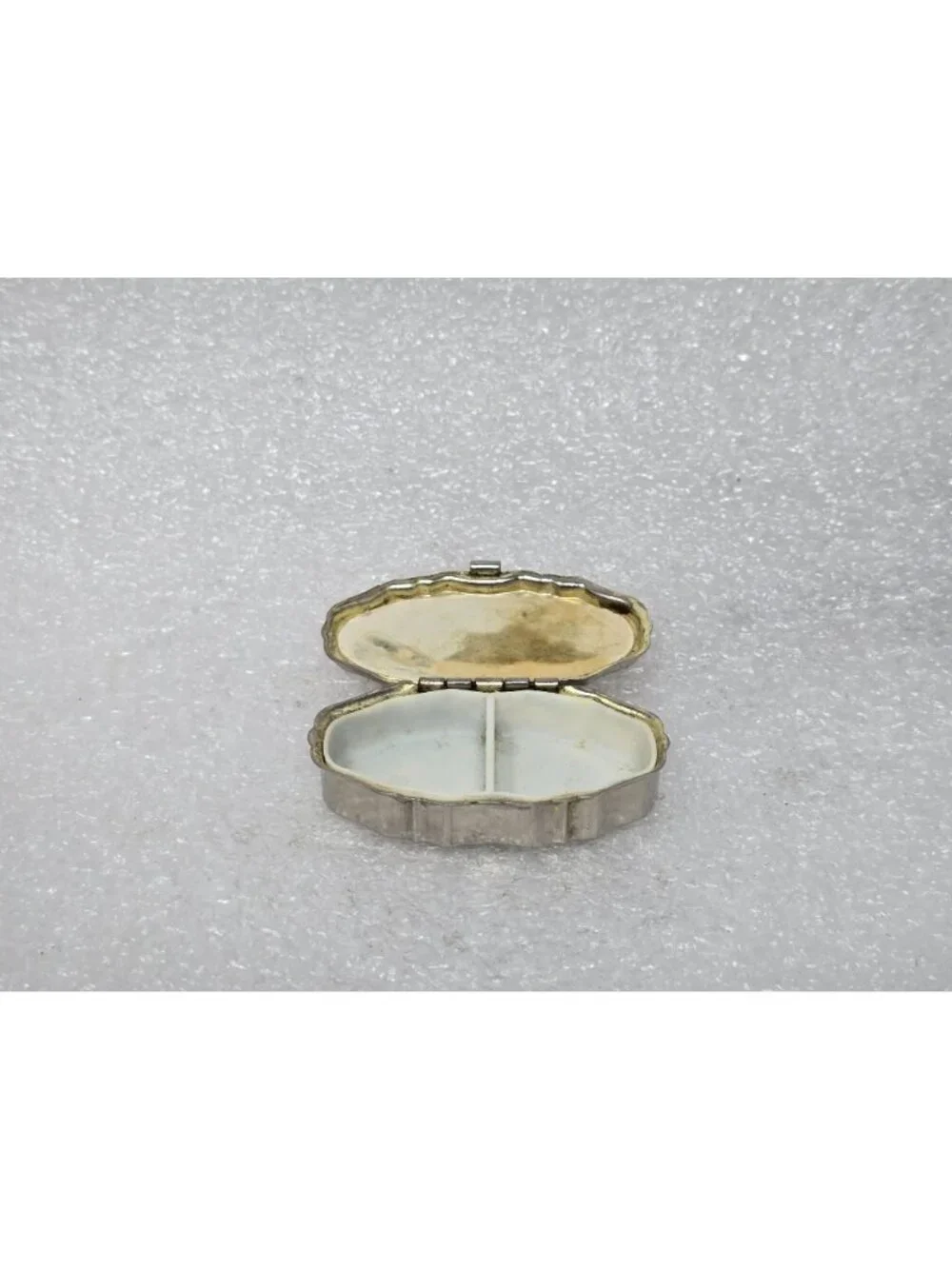 Vintage Oval Metal Pill Box Floral Design Lid Hinged Closure Compact Rose Motif